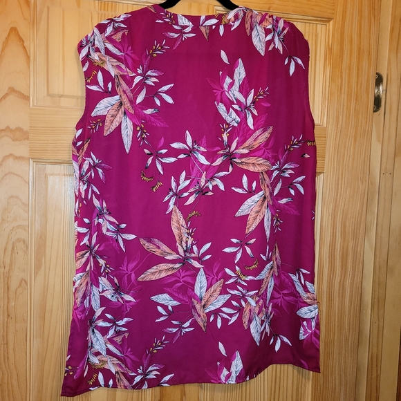 Worthington Short Sleeve Tank Top Blouse Tropical Nature V-Neck Magenta Tan LG - Picture 2 of 8